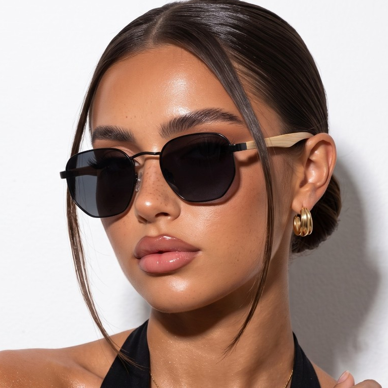 Óculos de Sol Hexagonal Premium Preto e Madeira Blogueira Tendencia Classico Retro uv400 Feminino