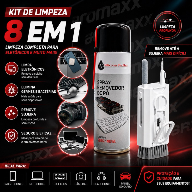 Kit Limpeza 8 em 1 + Spray Ar Comprimido 400ml limpa telas teclados fone de ouvido smartphone ps5