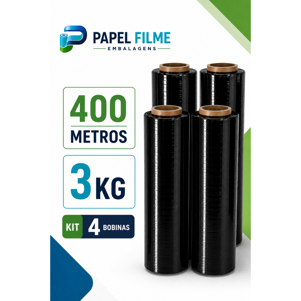 4 Bobinas Filme Stretch Preto 50cm - 3 kg / 400 Metros Ecommerce Logistica