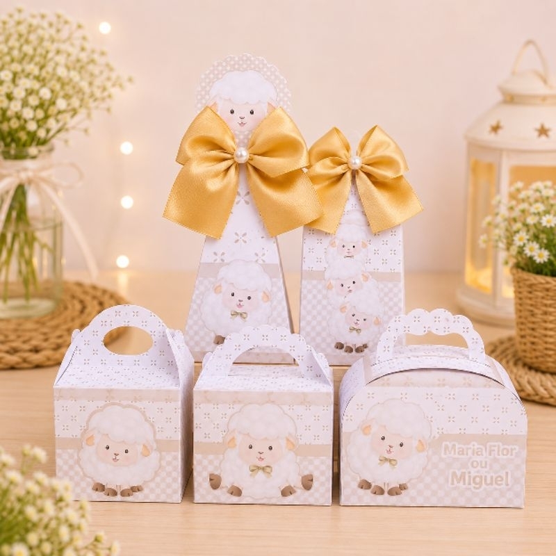 PEGUE E MONTE - Kit Festa Personalizada Ovelhinha Bege Lembrancinhas Caixinhas para festa