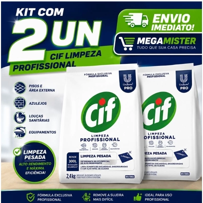 CIF EM PÓ LIMPEZA PESADA 2.4KG KIT COM 2UN RENDE ATE 300 LITROS.