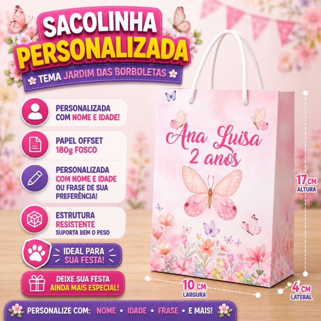 Sacolinha Surpresa Jardim das Borboletas Personalizada  Lembrancinhas de Aniversário - PEGUE E MONTE