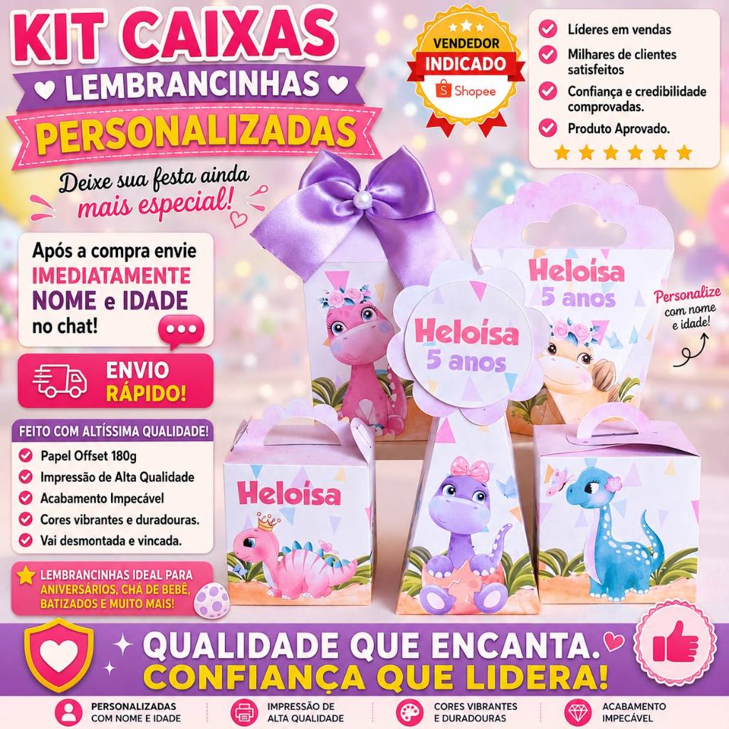Kit Dino Baby Menina 50 Caixas Personalizadas Lembrancinhas Festa Infantil Caixinhas Milk Aniversário Pegue e Monte