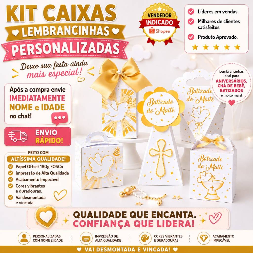 Kit 50 Caixa Batizado Dourado Lembrancinha Personalizado Aniversário Infantil Primeira Comunhão Pegue e Monte
