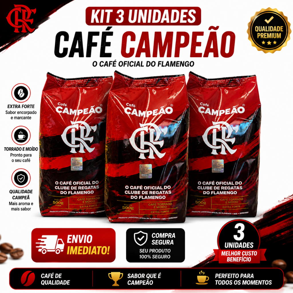 Kit 3 Café Campeão Oficial Flamengo 500g Extra Forte Torrado e Moído - Produto Licenciado