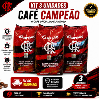 Kit 3 Café Campeão Oficial Flamengo 500g Extra Forte Torrado e Moído - Produto Licenciado