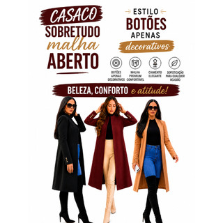 CASACO SOBRE TUDO COMPRIDO FEMININO PRETO CASAQUINHO ABERTO SOBRETUDO PLUS SIZE SOCIAL MANGA LONGA COM BOTÕES