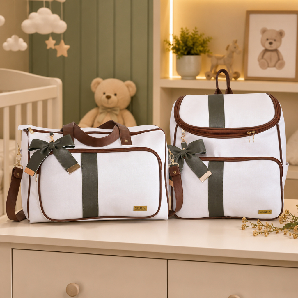 Kit Bolsa Maternidade Menino/Menina Bag e Mochila Bali Off/Marrom/Verde - 02 Peças