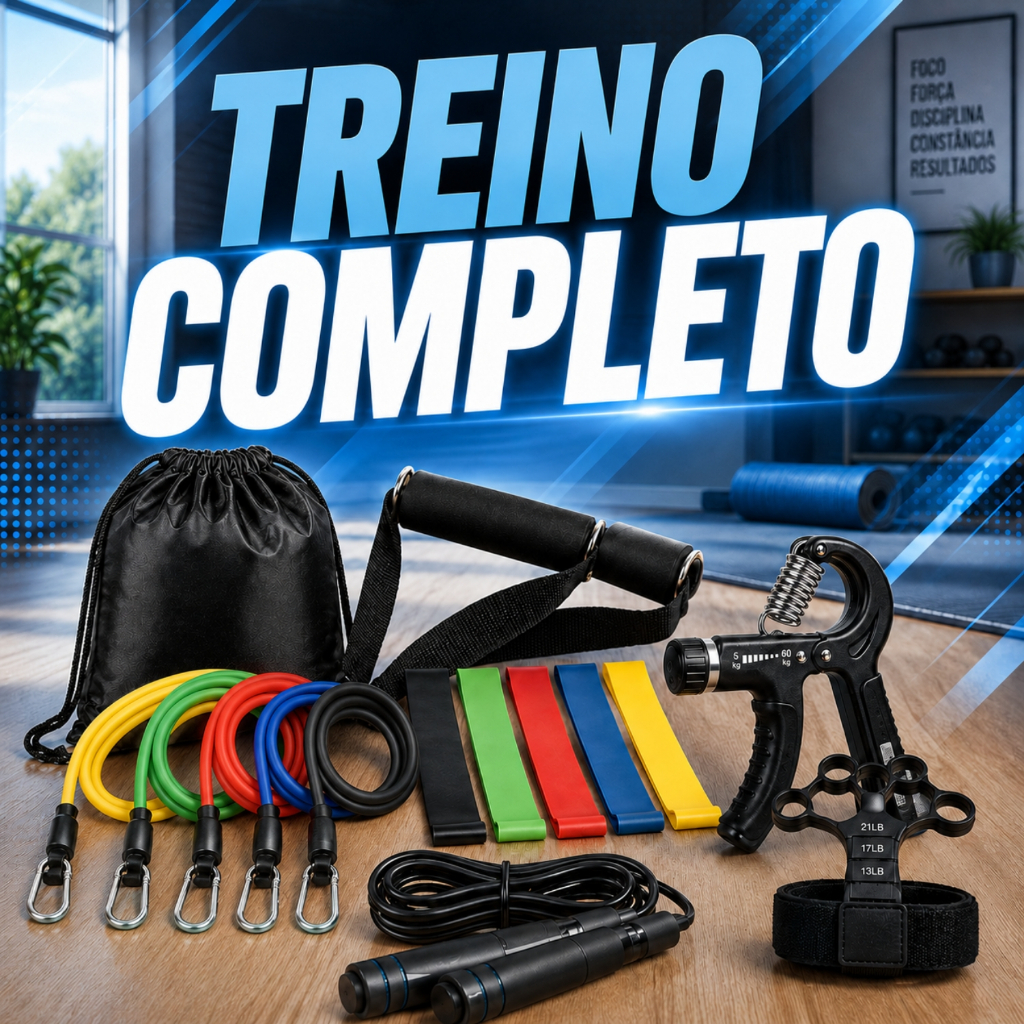 Imagem Kit Completo Musculação Casa Elástico Extensor Miniband Corda de Pular Hand Grip Exercitador Dedos