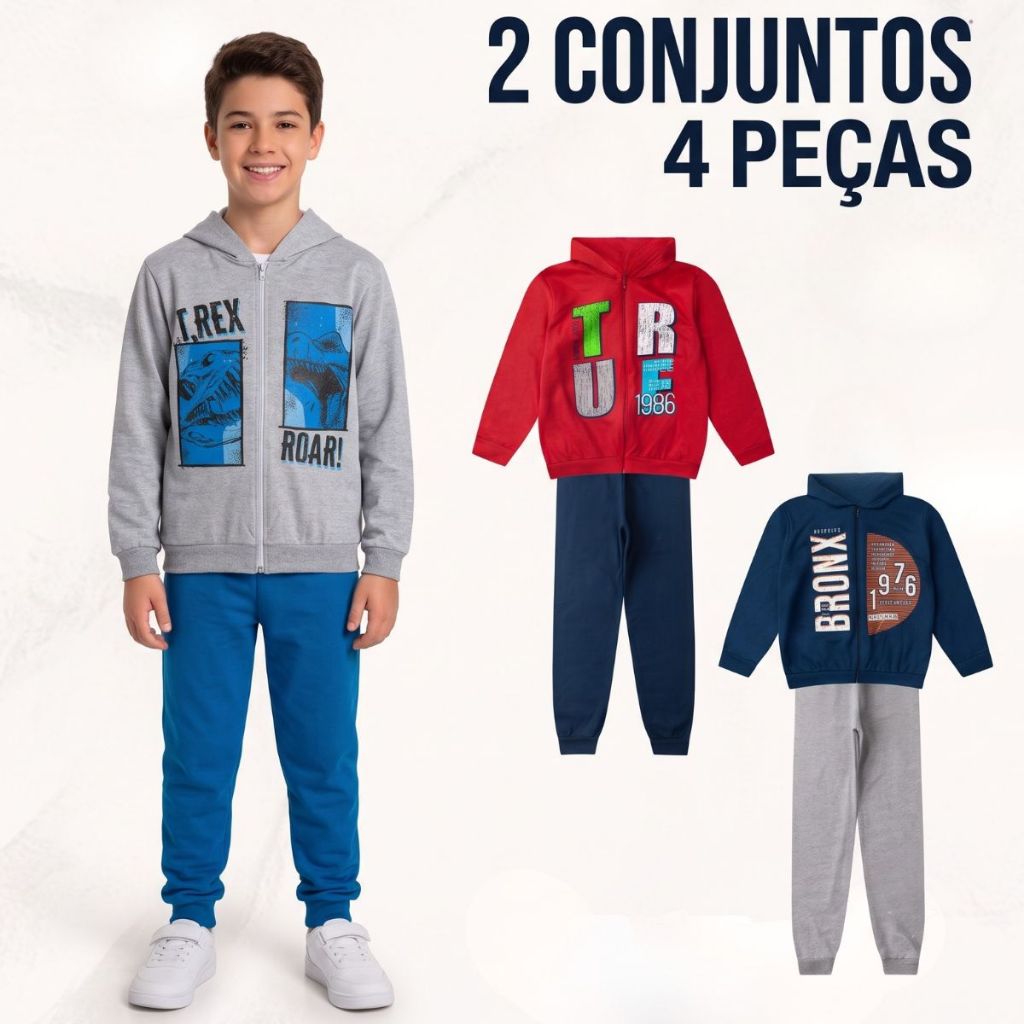 Kit 2 Conjuntos Calça e Casaco Moletom Roupa Infantil Masculino Juvenil Menino 10 a 14 Anos 4 Peças
