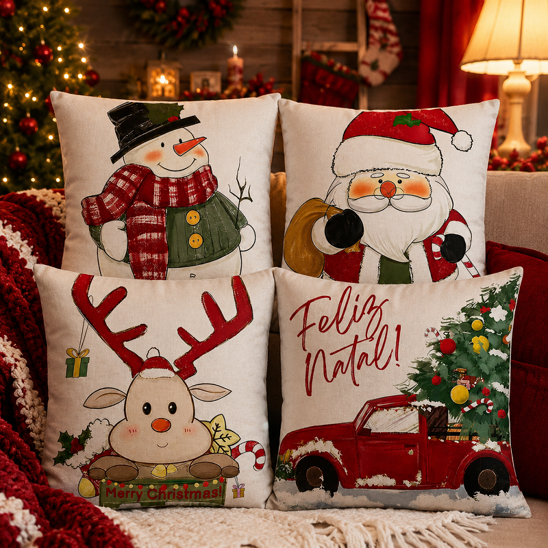 KIT 4 CAPAS DE ALMOFADAS DECORATIVAS NATAL PAPAI NOEL BONECO DE NEVE FELIZ NATAL  RENA - TAMANHO 45X45