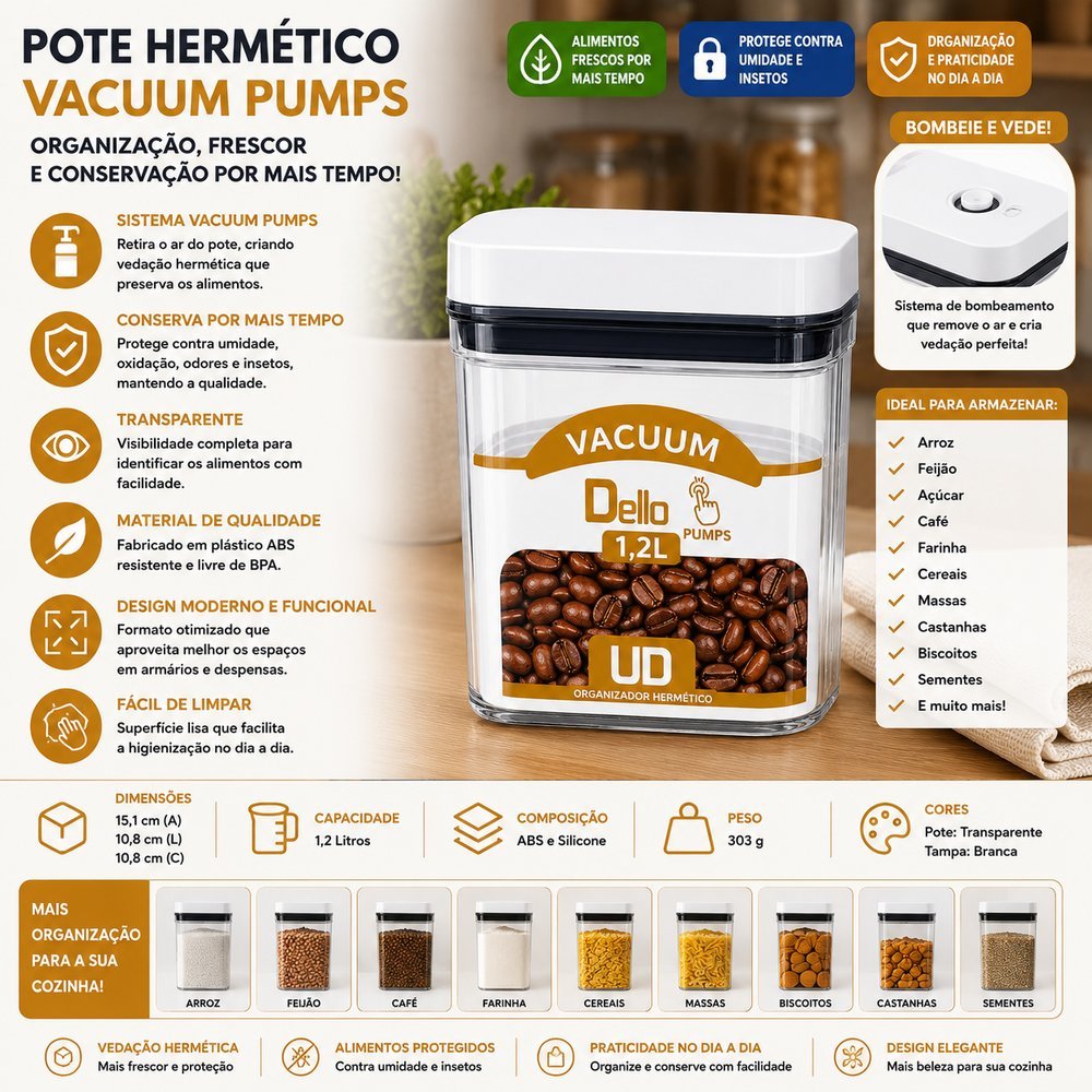 Pote Hermético Quadrado 1,2 Litros Com Tampa Organizador De Mantimentos Alimentos Cozinha Vedação Segura Transparente Pr