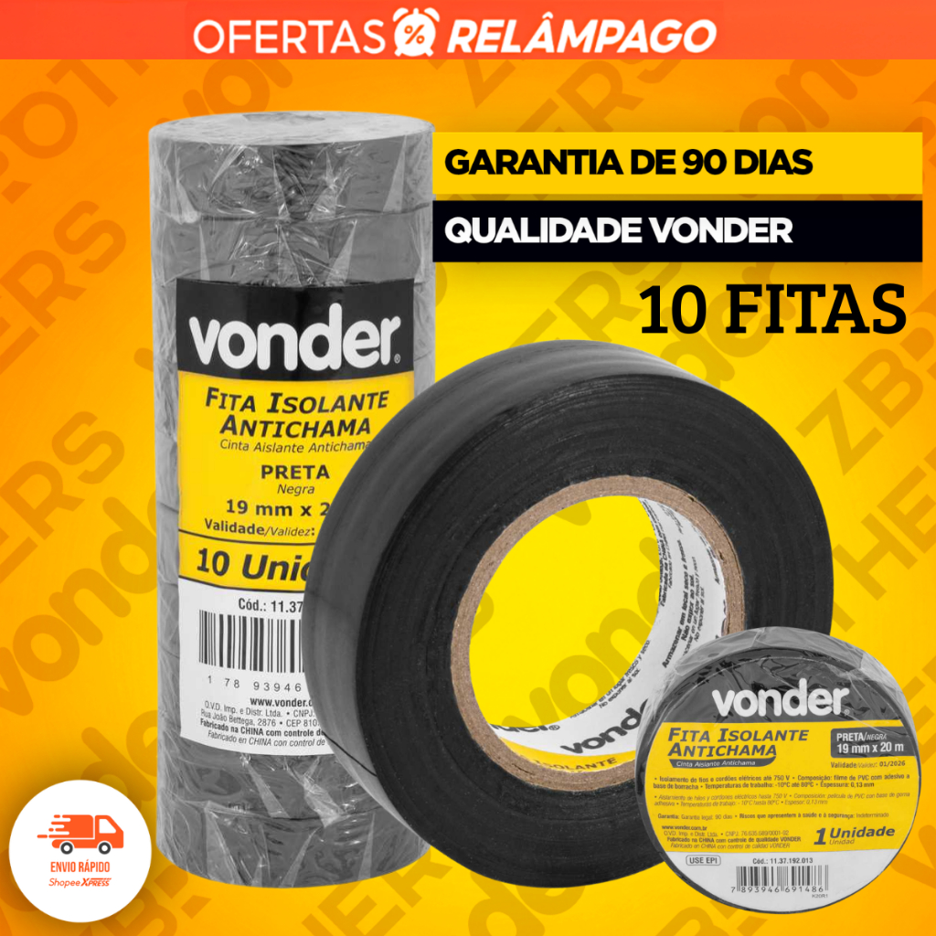 10 Fitas Isolante 19mm x 10 Metros Preta Vonder Anti Chamas Isolar Fios e Cabos Elétricos Resistente