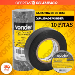 10 Fitas Isolante 19Mmx 20 Metros Preta Vonder Antichama Profissional Isolar Fios e Cabos Top Oferta
