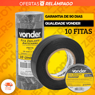 10 Fitas Isolante 19mm x 10 Metros Preta Vonder Anti Chamas Isolar Fios e Cabos Elétricos Resistente