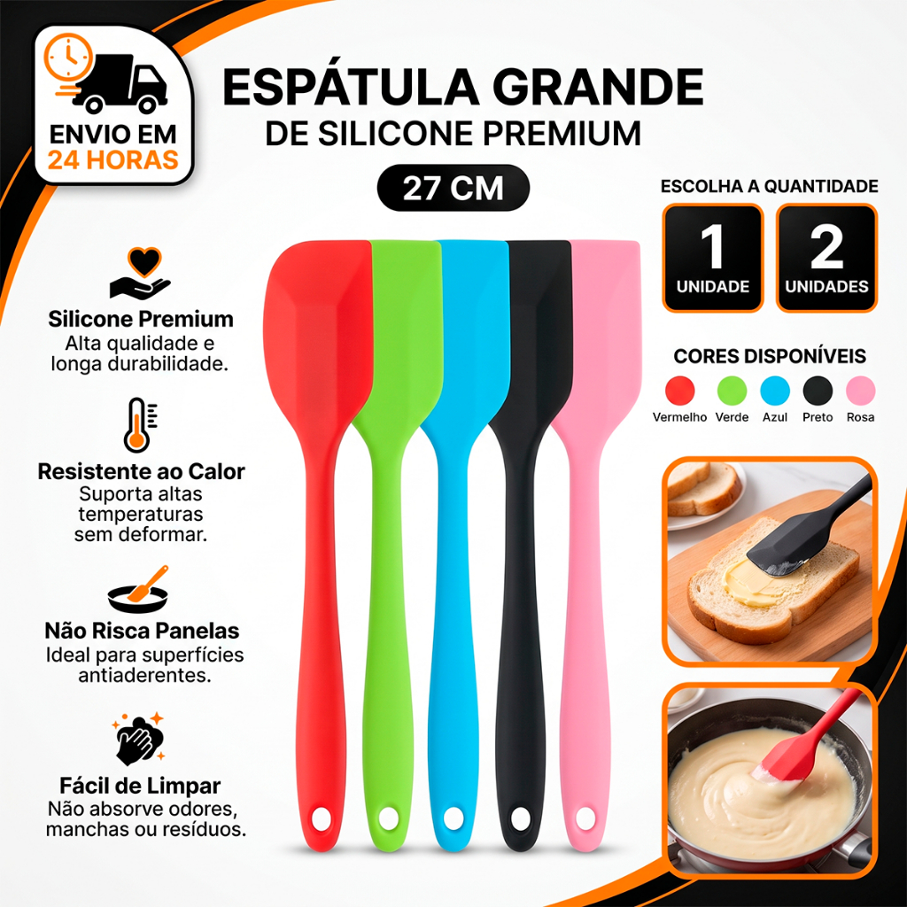 Espátula Grande de Silicone Premium 27cm Não Risca Panelas Kit 1, 2, 3, 4 ou 5 Unidades
