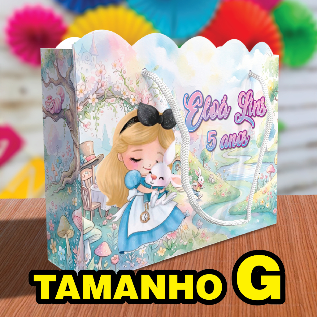 Sacolinha Alice no País das Maravilhas Grande TAMANHO G Ondulada Personalizada Kit Festa Lembrancinha Sacola Princesa