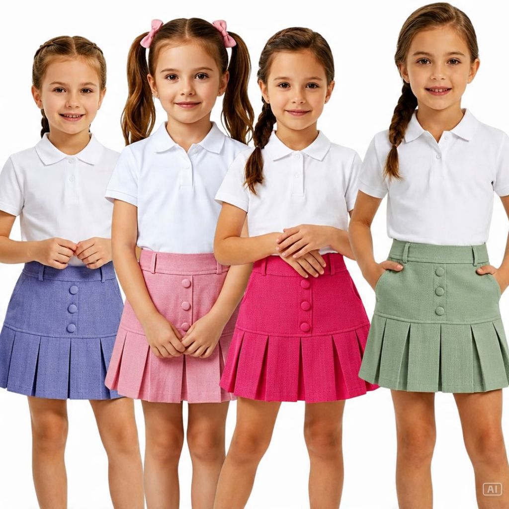 Short Saia Infantil Feminino em Tecido Linho com Pregas e Botões Cintura Alta