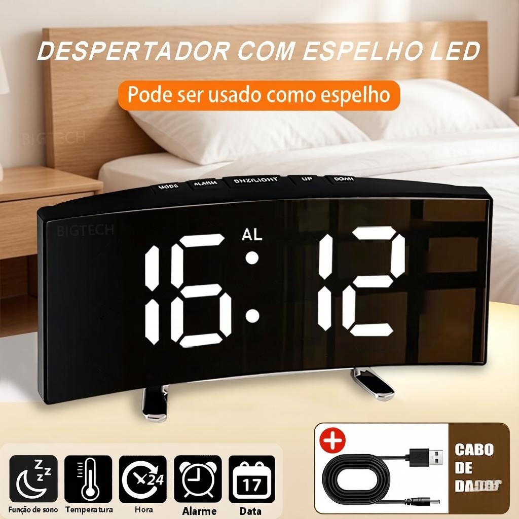 Relógio De Mesa Digital Led Despertador Alarm Com Espelho Curvado Função De Exibição Da Temperatura
