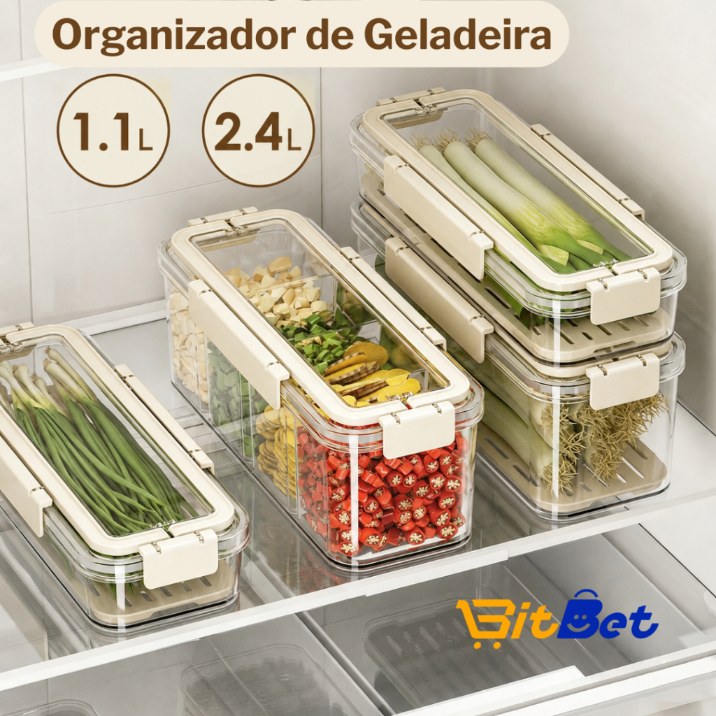 Organizador de Geladeira Pote Hermético para Alimentos com Bandeja Drenante Alça prática para transportar UT-