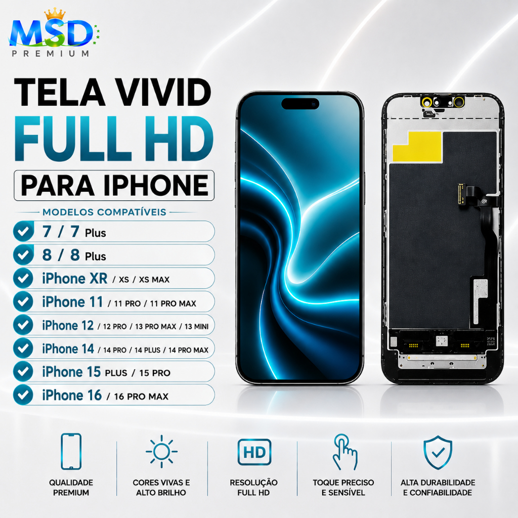 Tela Frontal LCD VIVID FULL HD PARA IP 7 - 8 Plus - XR - 11 - 12 - 13 -14 - 15 - 16 - PRO - MAX - MINI - Envio Imediato