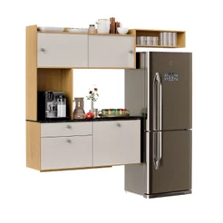 Armário de Cozinha Suspensa Completa Com Balcão 4 Portas e Gaveta Compacto Com Nicho 150CM Lara
