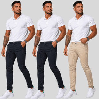 Kit 3 Calça Sarja Masculina Slim Fit Bolso Faca Elastano Várias Cores Combo Premium Algodão Sport Fino