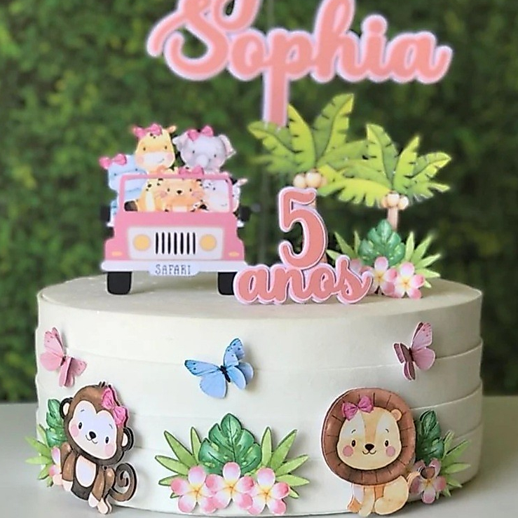 Topo de bolo Safari menina, rosa - 3d