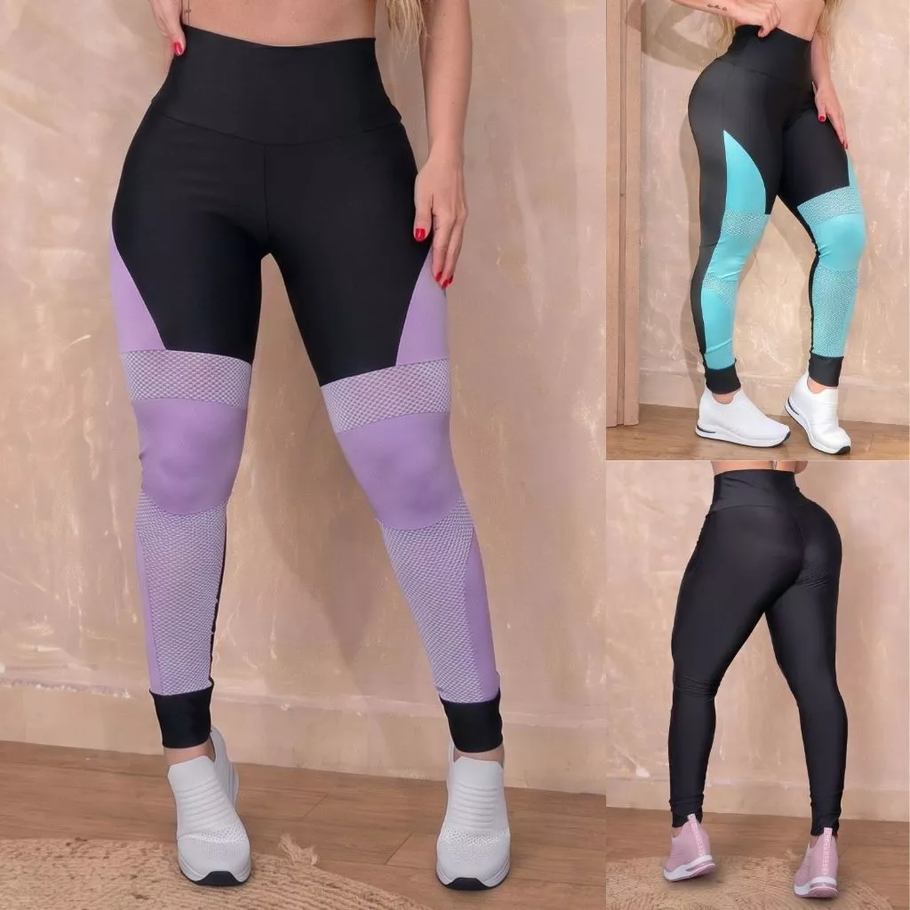 Calça Legging Fitness Punho com Recortes Coloridos de Tela e Cirrê Tecido Grosso Confortável Oferta — imagem 1