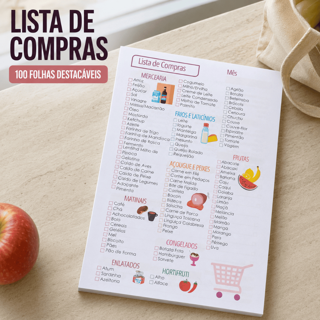 Lista de Compras 100 Folhas Destacáveis Bloco Checklist para Supermercado e Cozinha