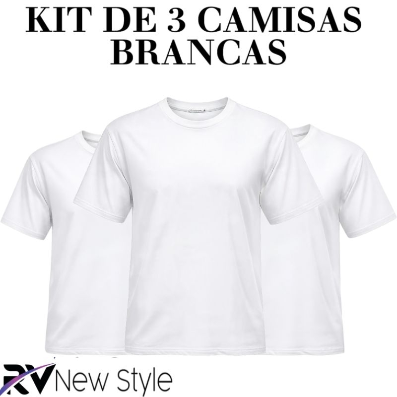 Kit de 3 Camisetas Brancas Masculina Básica Algodão Premium – RV New Style 100% algodão
