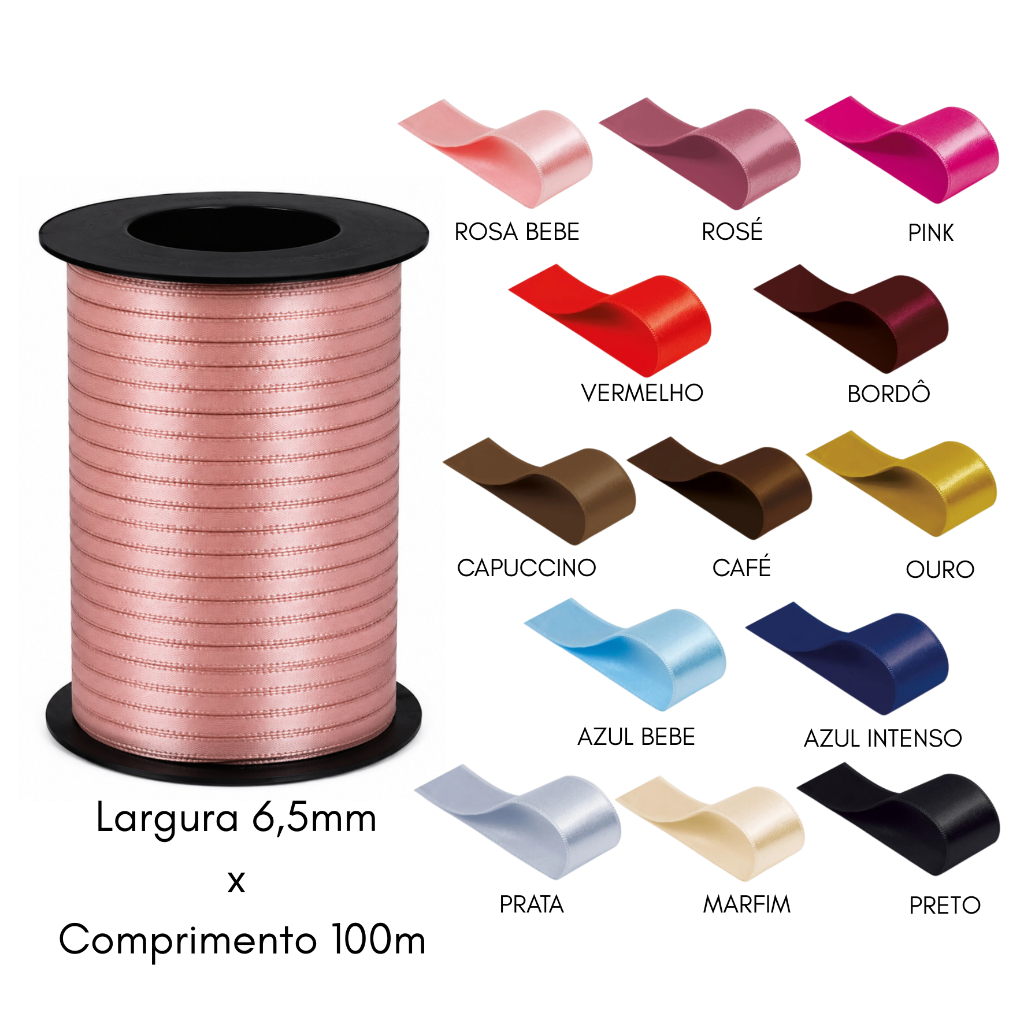 Fita de Cetim Rolo 6,5mmx100m No.1 Bem Casado Preto Rosa Vermelho Lembrancinha Presente Lacinho