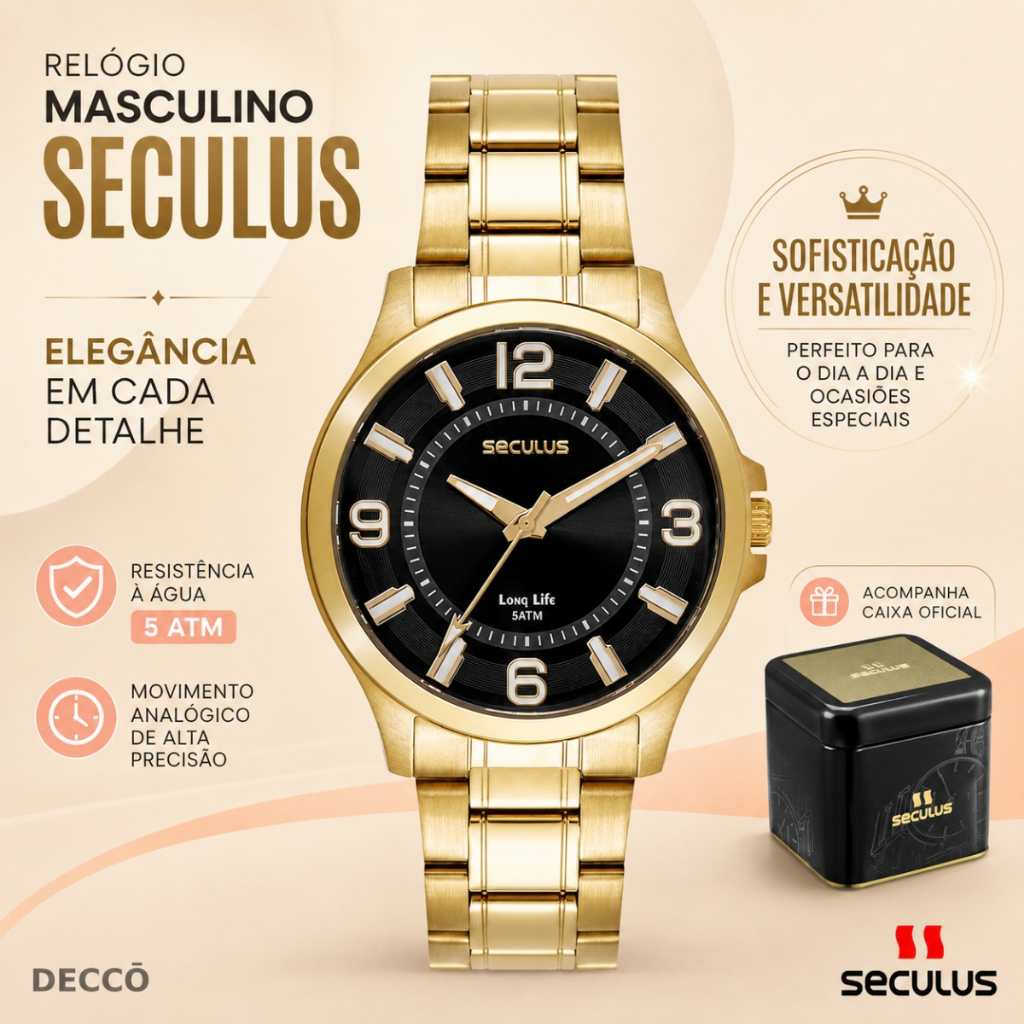 Relógio Masculino Seculus Analógico Em Aço Clássico Resistente à Água 5 ATM Dourado 40 MM
