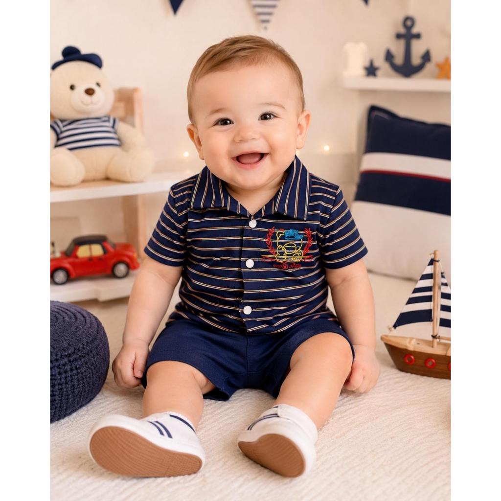 Conjunto Bebê Camisa gola Polo e Shorts Estilo Mauricinho Listrado com bordado - Camiseta Baby RN