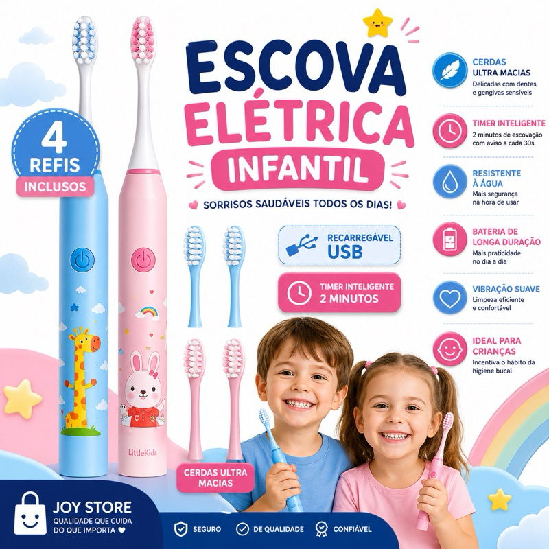 Escova Elétrica Infantil com 4 Refis Escova de Dentes Elétrica Crianças Timer 2 Minutos Cerdas Macias