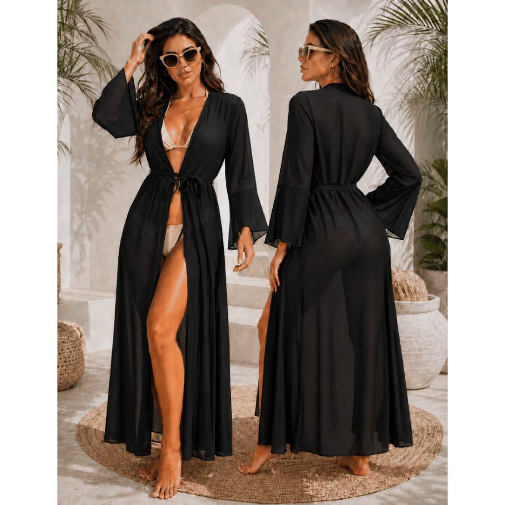 Saida de Praia Longa Kimono de Praia Cardigan Verão Piscina Feminino Canga Fit Mulher Banho de Sol Estilo