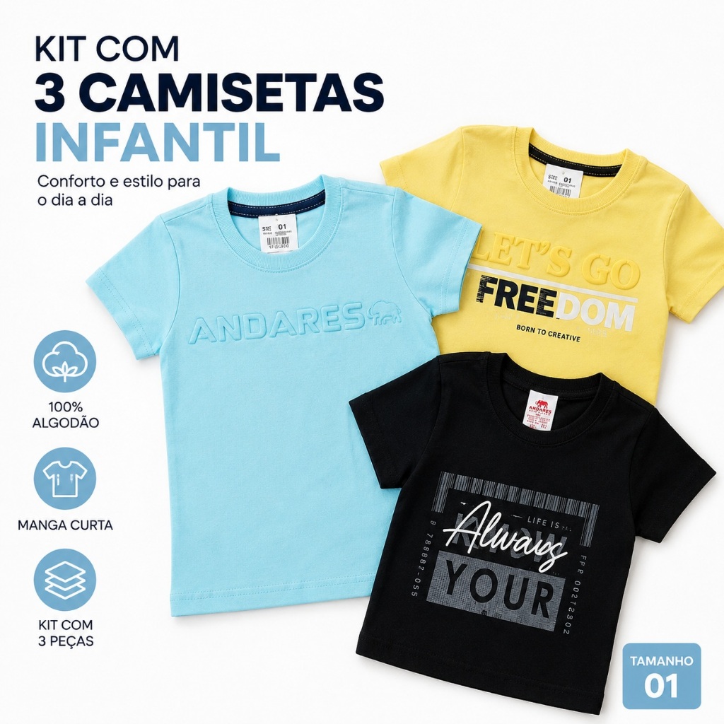 Kit 3 Camisetas Infantil 100% Algodão Manga Curta Confortável Estampas Variadas Tamanho 01 Dia a Dia Envio Imediato
