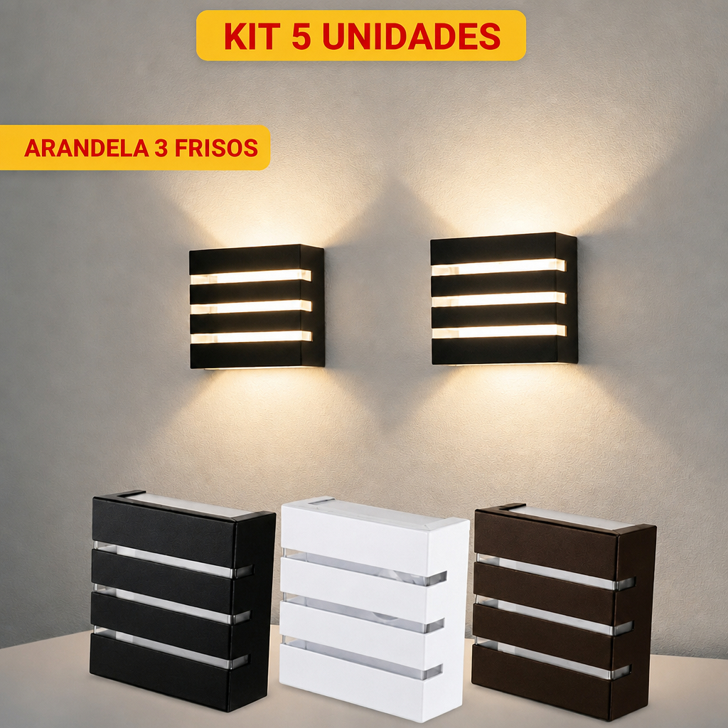 Kit 5 Arandela Luminária Slim 3 Frisos Decoração Luz de Parede Muro Interna Externa Lâmpada LED