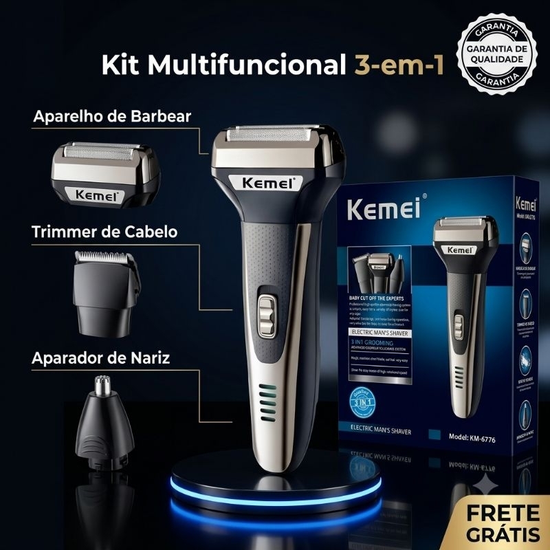 Kemei KM6776 Aparador 3 em 1 Barba Nariz Corpo Barbeador Elétrico