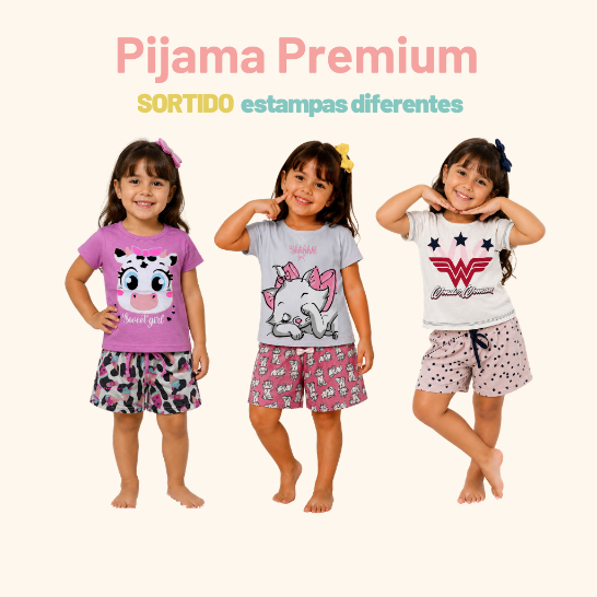 Pijama Infantil Sortido Menina Verão Conjunto Curto Estampas Divertidas Camiseta Short Algodão