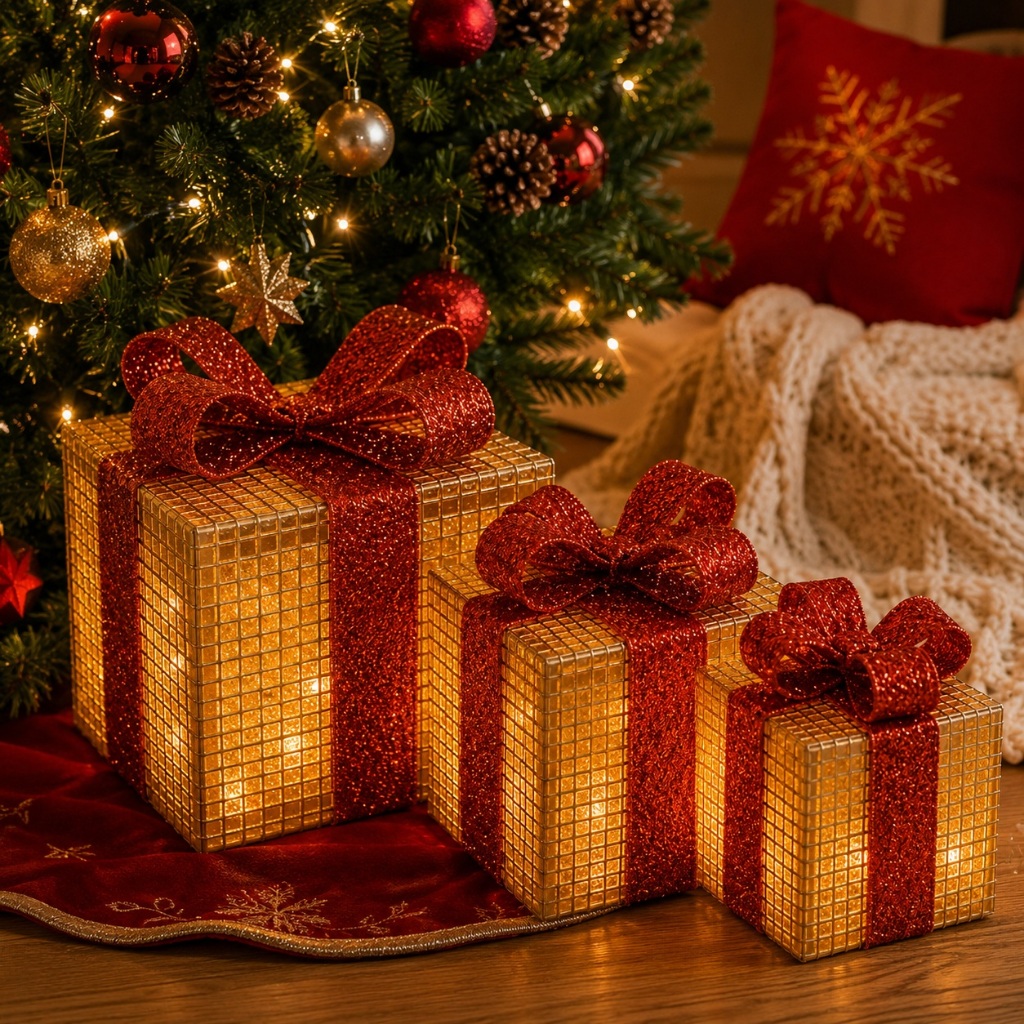 Kit 3 Caixas Presente Enfeite Decorativo Com 90 Leds Natal Árvore