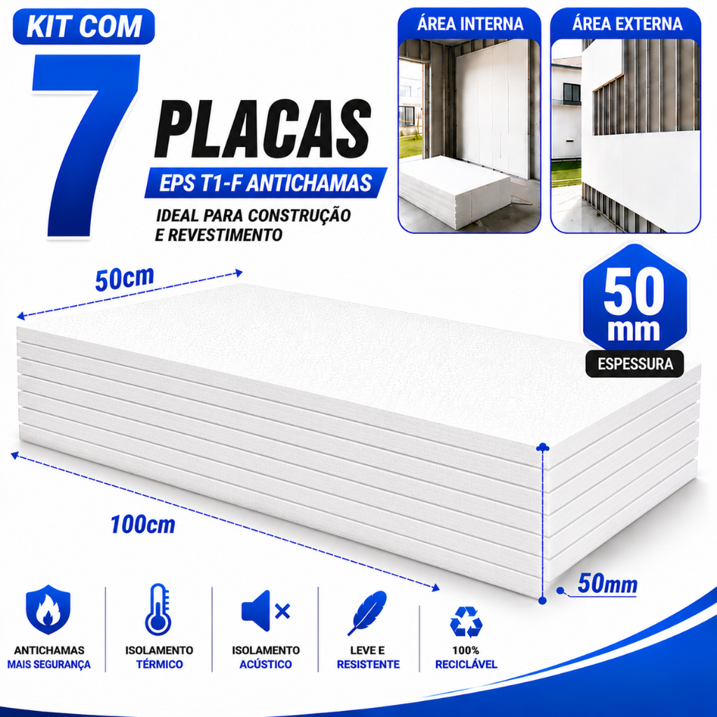 Kit 7 Placas Isopor 100x50 50mm EPS Antichamas Construção Decoração