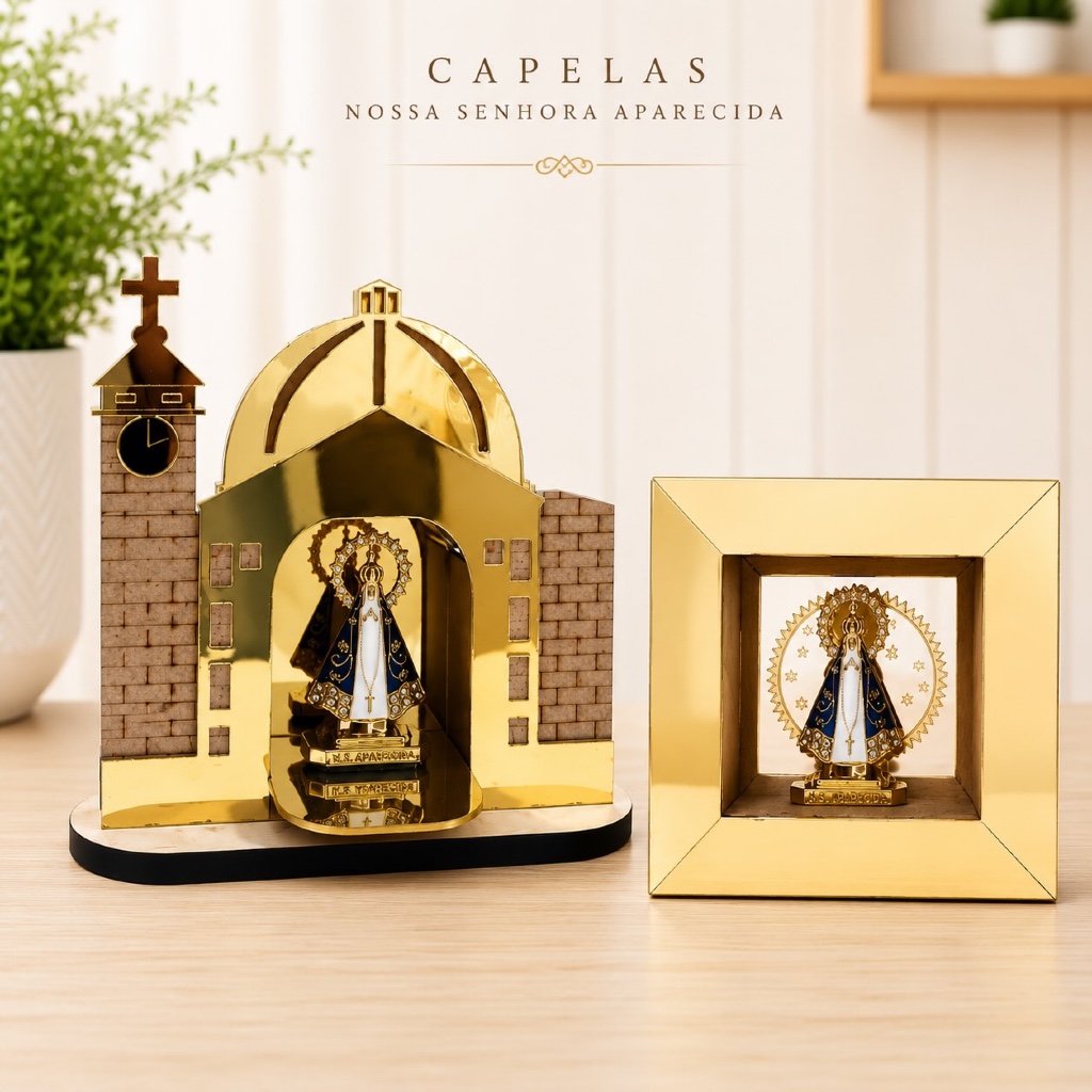 Capela Nossa Senhora Aparecida MDF Espelhado Dourado com Imagem de Metal
