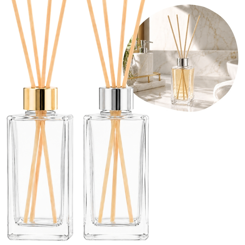 30 Frascos de Vidro Retangular 60ml Com Tampa Luxo para Aromtizador DIfusor de Ambiente + Varetas
