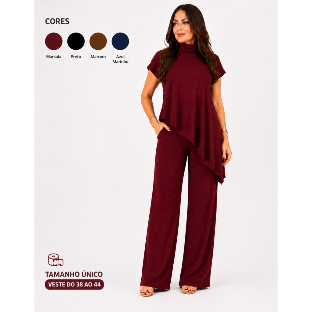 Conjunto Feminino Elegante Anarruga Premium Blusa Assimétrica Calça Pantalona Cintura Elastex