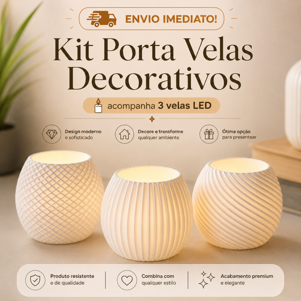 Kit 3 Porta Velas Decorativos com Vela LED Inclusa