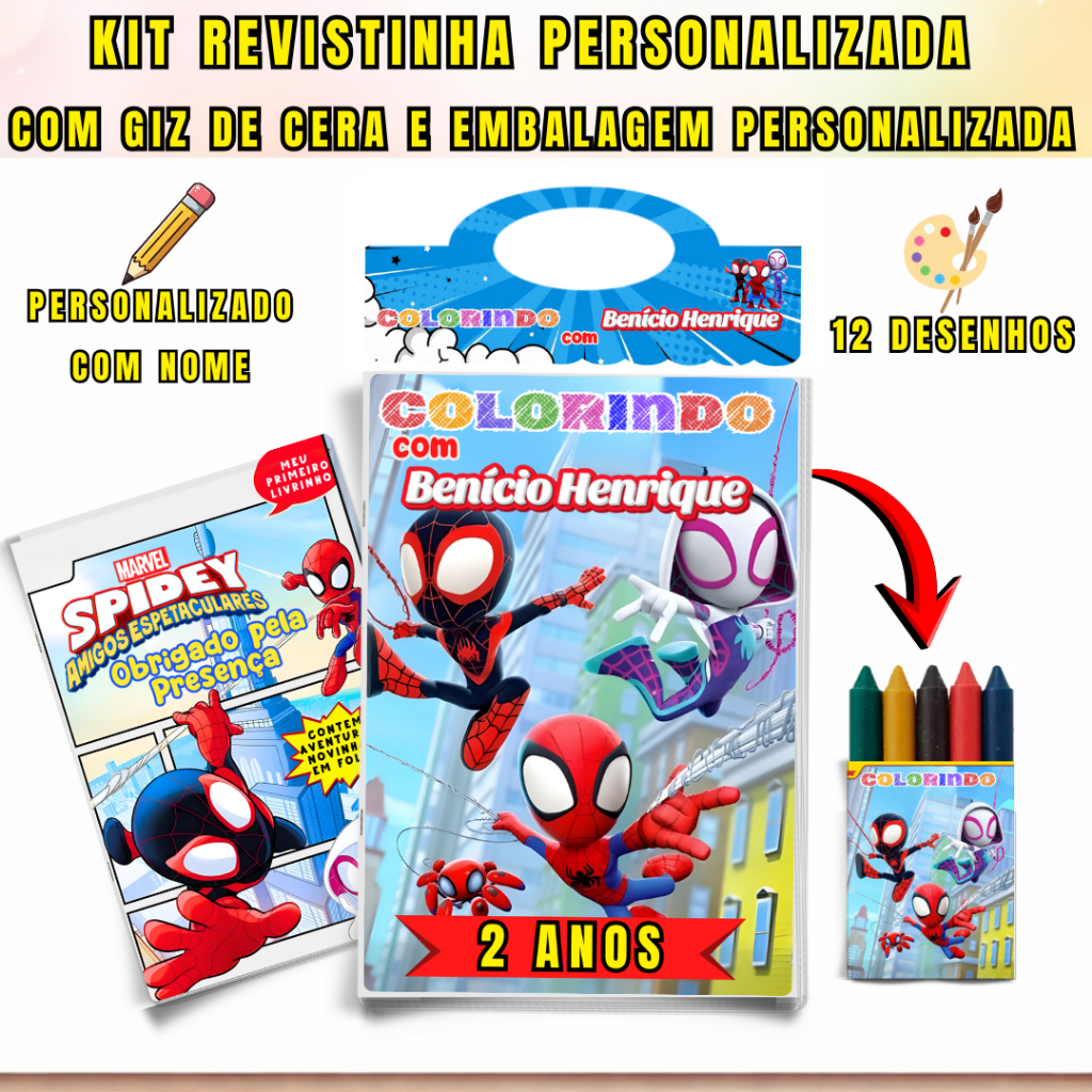 Kit Livrinhos de Colorir Infantil Personalizado + Giz de Cera  Lembrancinhas Aniversário Revistinhas Tema Homem aranha 2