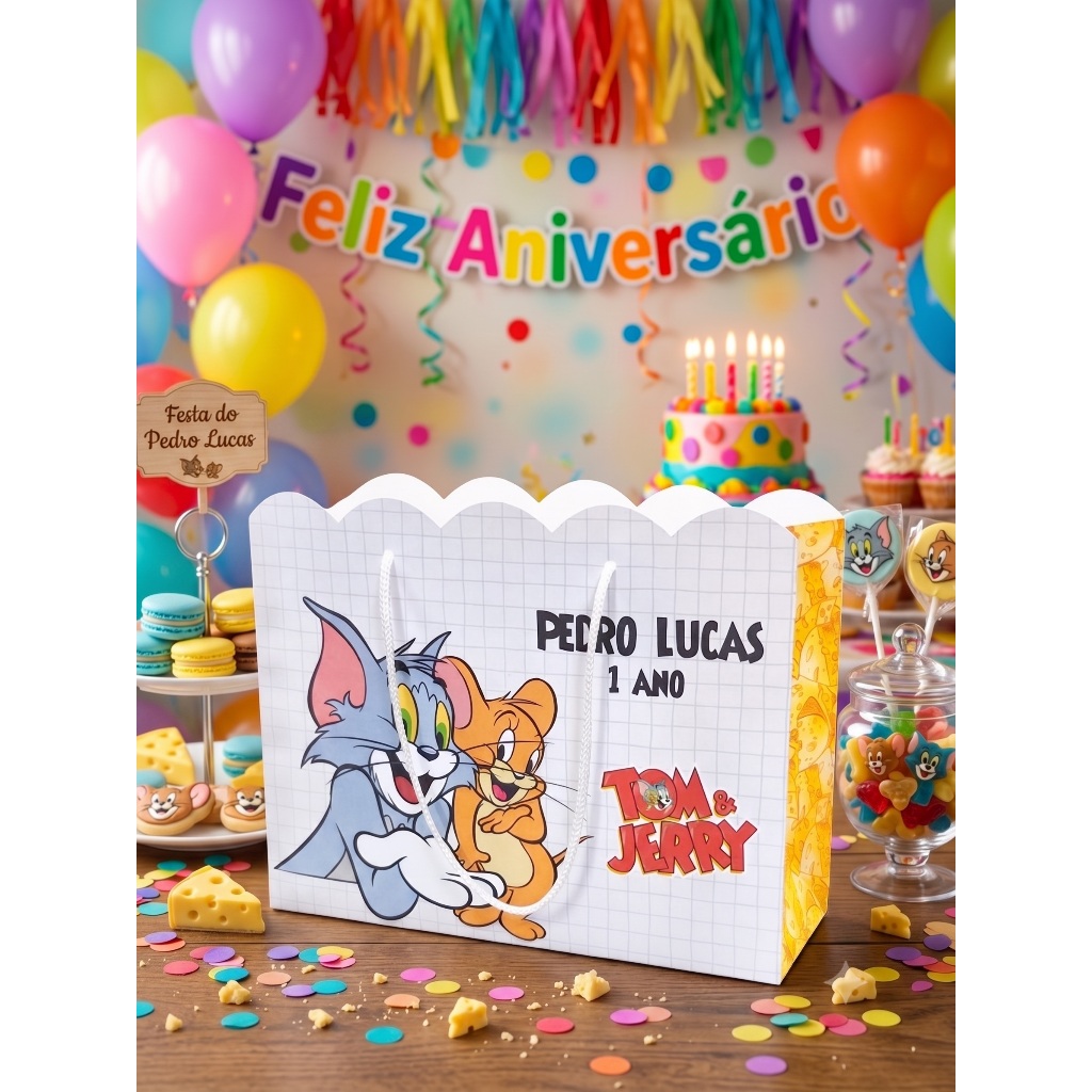 Sacolinhas Personalizadas Lembrancinhas Tom E Jerry Chá Aniversário Nuvem Tamanho Grande (20x16x06)