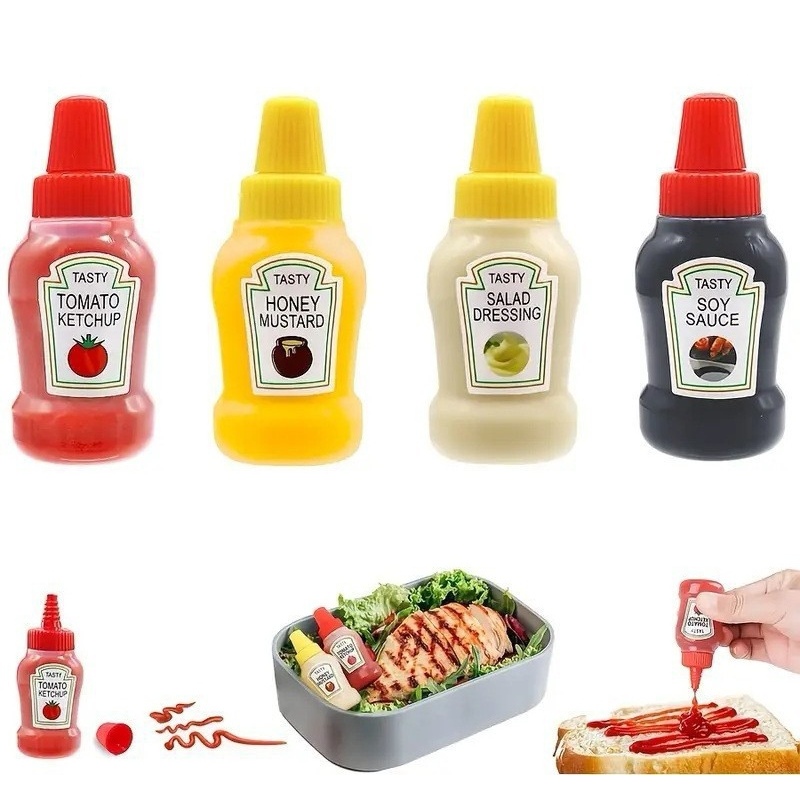 Kit 4 Pcs Mini Garrafas De Molho Dispensadores Portáteis Para Crianças e Adultos Lancheira