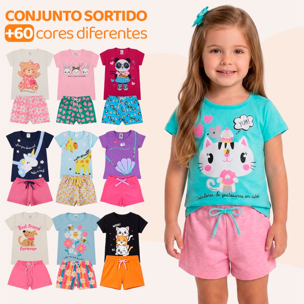 Kit Sortido 20 Peças de Roupas Infantil Menina (10 Camisetas + 10 Bermudas) Kit 